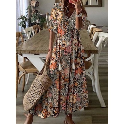 

Women's A Line Dress Maxi long Dress Khaki Half Sleeve Floral Print Ruched Print Spring Summer V Neck Casual Modern 2022 3XL