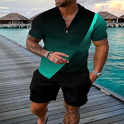 

Men's Collar Polo Shirt Golf Shirt Graphic Prints Turndown Light Yellow Green Pink 3D Print Going out golf shirts Short Sleeve Patchwork Print Clothing Apparel 2pcs Sportswear Punk & Gothic / Slim