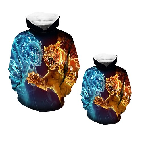 

Dad and Son Hoodie Tiger Animal Street Print Blue Long Sleeve Active Matching Outfits