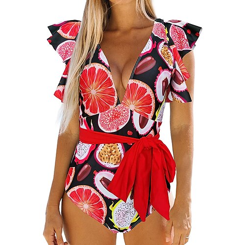 

Women's Swimwear One Piece Monokini Bathing Suits Normal Swimsuit UV Protection Ruffle High Waisted Print Graphic Patterned Tropical Black Blue Purple Fuchsia Orange Plunge Bathing Suits New Stylish