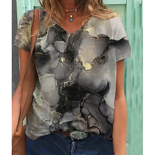 

Women's T shirt Tee Geometric Casual Floral T shirt Tee Short Sleeve Print V Neck Vintage Green S / 3D Print