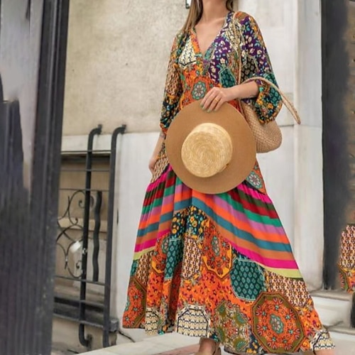 

robe swing femme boho robe longue robe maxi robe orange à manches longues imprimé floral hiver automne automne v cou hiver robe week-end automne robe coupe ample 2023 s m l xl xxl 3xl