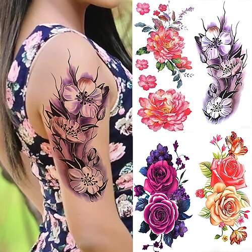 

4 stk 3d liljeblomst midlertidige tatoveringer for kvinner voksne rose lotus anemone tatoveringsklistremerke falske halvermet akvarell arm tatoveringer4.8