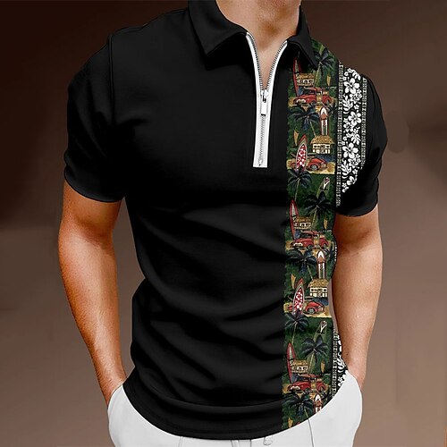 

Men's Collar Polo Shirt Golf Shirt Quarter Zip Polo Car Turndown Black Print Street Daily Short Sleeve Zipper Print Clothing Apparel Fashion Casual Breathable Comfortable / Beach