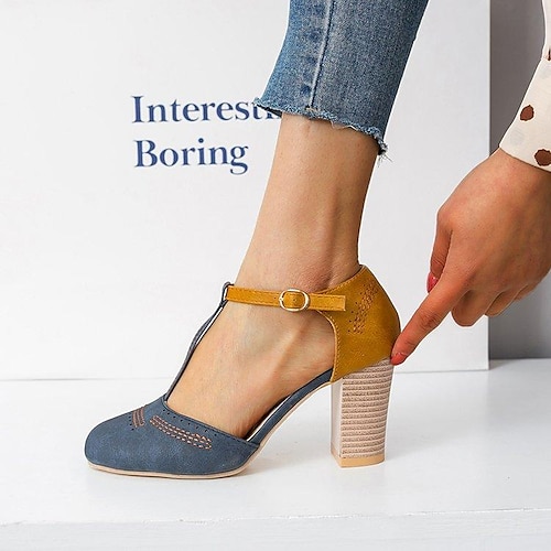 

Retro Round Head Color Matching T-Shaped Buckle Foreign Trade Large Size Women's Shoes