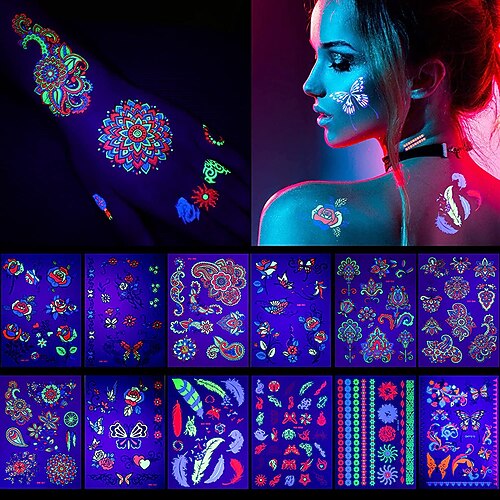 

12 Sheets Glow In The Dark Tattoo Neon Temporary Makeup Rave Festival Accessory Fake Face Butterfly Tattoo UV Blacklight For Women Party Supplies(Stylish Style)