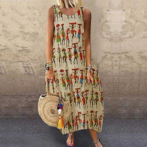 

Women's Casual Dress Long Dress Maxi Dress White Sleeveless Print Spring Summer Crew Neck Loose Fit Boom Sale Dress S M L XL XXL XXXL 4XL 5XL