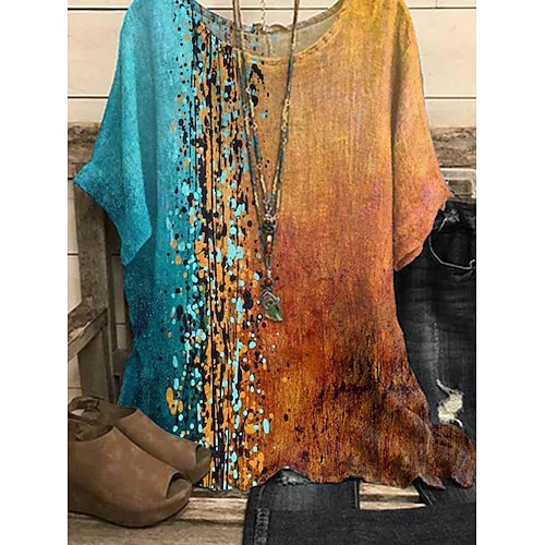 

Women's Blouse Shirt Orange Tie Dye Print 3/4 Length Sleeve Daily Weekend Streetwear Casual Round Neck Regular S