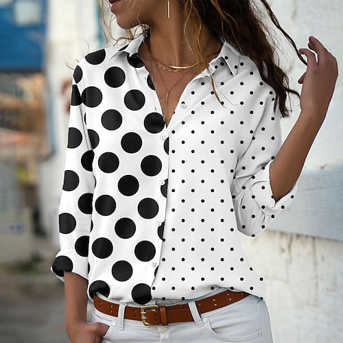 

Women's Daily Weekend Blouse Shirt Polka Dot Long Sleeve Button Print Shirt Collar Casual Streetwear Tops White S / 3D Print