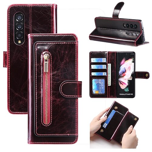 

Phone Case For Samsung Galaxy Wallet Card Z Fold 3 Bumper Frame Magnetic Zipper Solid Colored PU Leather