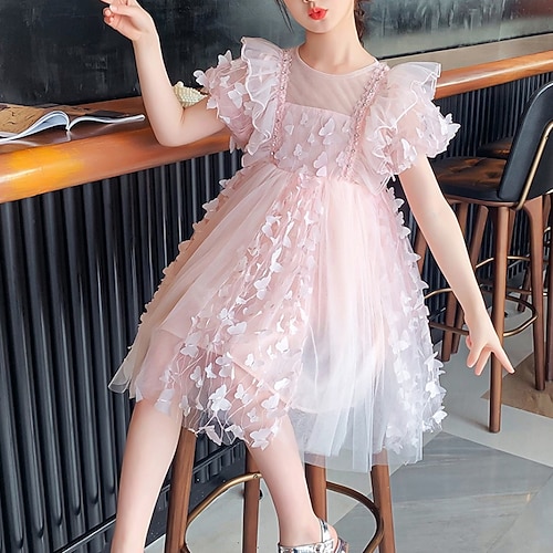 

Kids Little Girls' Dress Plain Butterfly A Line Dress Party Ruched Mesh Print Green Pink Midi Short Sleeve Princess Cute Dresses Spring Summer Regular Fit 3-10 Years