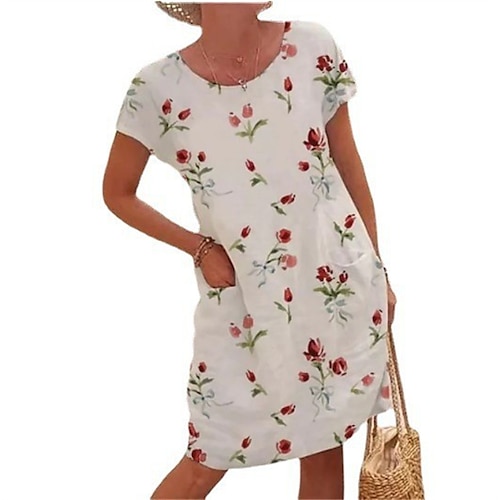 

Mulheres Vestido casual Vestido de linho Vestido de turno Vestido midi Vinho Vermelho Azul Manga Curta Floral Bolsos Primavera Verão Gola Redonda Casual 2023 S M L XL XXL 3XL 4XL 5XL