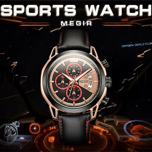 

New 2071 Megir Megir Men'S Watch Multifunctional Waterproof Luminous Chronograph Leather Quartz Watch