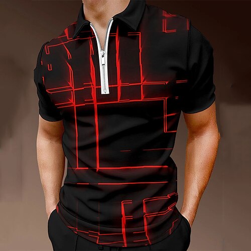 

Men's Collar Polo Shirt Golf Shirt Linear Turndown Black / Red 3D Print Street Daily Short Sleeve Zipper 3D Clothing Apparel Fashion Casual Comfortable / Beach