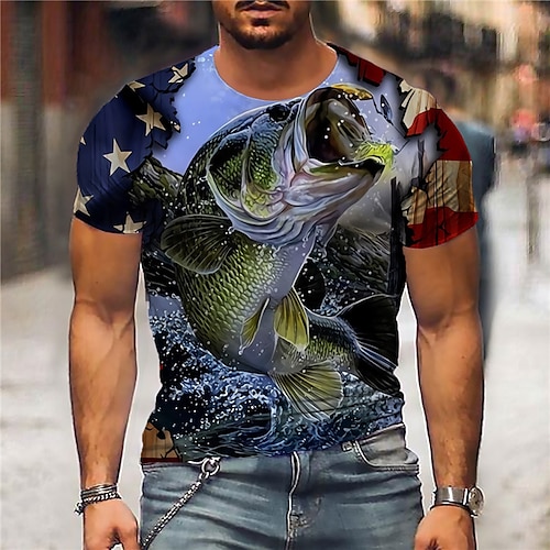 

Men's Unisex T shirt Tee Graphic Prints Fish Crew Neck Blue 3D Print Outdoor Street Short Sleeve Print Clothing Apparel Sports Designer Casual Big and Tall / Summer / Summer