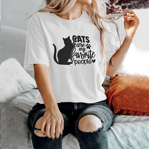 

Women's T shirt Tee Blue Pink Red Cat Text Print Short Sleeve Casual Weekend Basic Round Neck Regular Cotton Cat Painting S