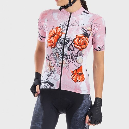 

21Grams Women's Cycling Jersey Short Sleeve Bike Top with 3 Rear Pockets Mountain Bike MTB Road Bike Cycling Breathable Quick Dry Moisture Wicking Reflective Strips Rosy Pink Skull Floral Botanical