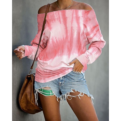 

Women's Casual Weekend T shirt Tee Tie Dye Long Sleeve Print Off Shoulder Basic Tops Blue Gray Purple S