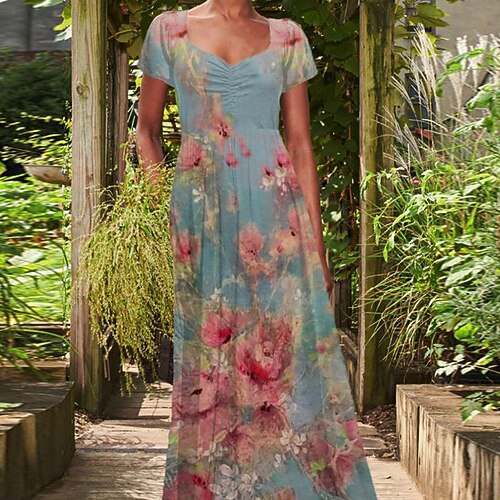

Women's Swing Dress Maxi long Dress Green Pink Khaki Dark Blue Short Sleeve Floral Color Block Patchwork Print Spring Summer U Neck Stylish Casual 2022 S M L XL XXL 3XL