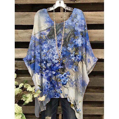 

Women's T shirt Tee Shirt Blue Floral Asymmetric Print 3/4 Length Sleeve Holiday Beach Casual Beach Round Neck Long Floral S