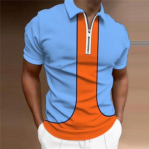 

Men's Collar Polo Shirt Golf Shirt Striped Turndown Blue 3D Print Casual Daily Short Sleeve Zipper Print Clothing Apparel Fashion Designer Casual Breathable / Sports