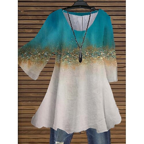 

Women's Plus Size Tops Blouse Shirt Color Gradient Print 3/4 Length Sleeve Crewneck Streetwear Daily Holiday Cotton Spandex Jersey Fall Spring Blue khaki