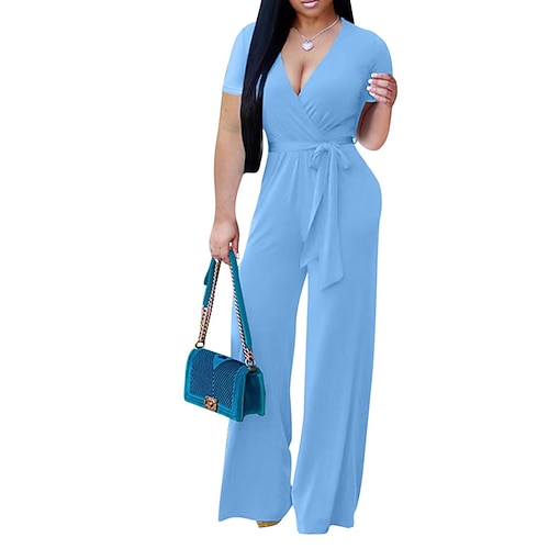 

Women's Jumpsuit Lace up Solid Color V Neck Elegant Party Street Regular Fit Short Sleeve Green Black Blue S M L Spring
