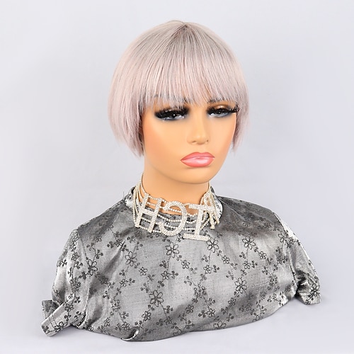 

Remy Human Hair Wig Short Natural Straight Pixie Cut With Bangs Dark Gray Classic Women Best Quality Machine Made Brazilian Hair Women's Unisex Grey 4 inch Party Daily Daily Wear