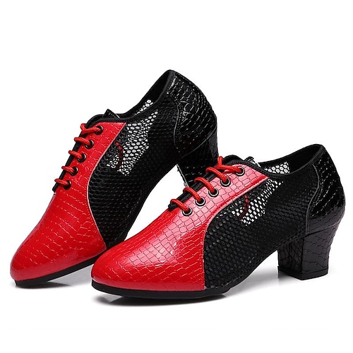 

Women's Latin Shoes Practice Trainning Dance Shoes Stage Practice Heel Splicing Mesh Thick Heel Black Red