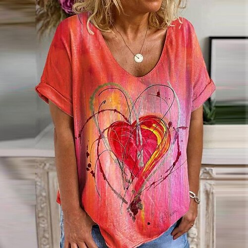 

Women's T shirt Tee Green Red Heart Print Short Sleeve Casual Weekend Basic U Neck Regular Painting Couple S / 3D Print