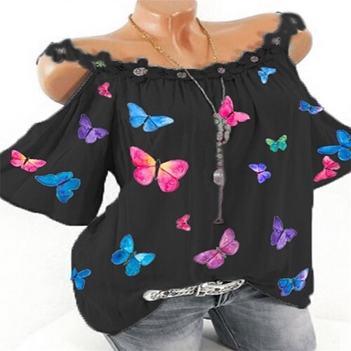 

Women's Plus Size Tops Blouse Shirt Floral Butterfly Cut Out Short Sleeve One Shoulder Streetwear Daily Going out Polyester Summer Green White / Off Shoulder / Loose