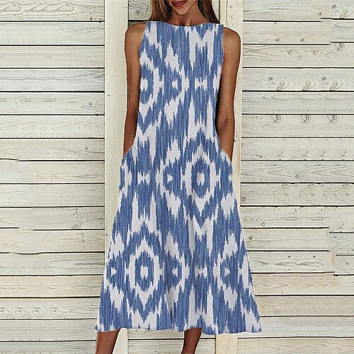 

Women's A Line Dress Midi Dress Blue Sleeveless Geometric Pocket Print Spring Summer Crew Neck Casual Vacation 2022 S M L XL XXL 3XL