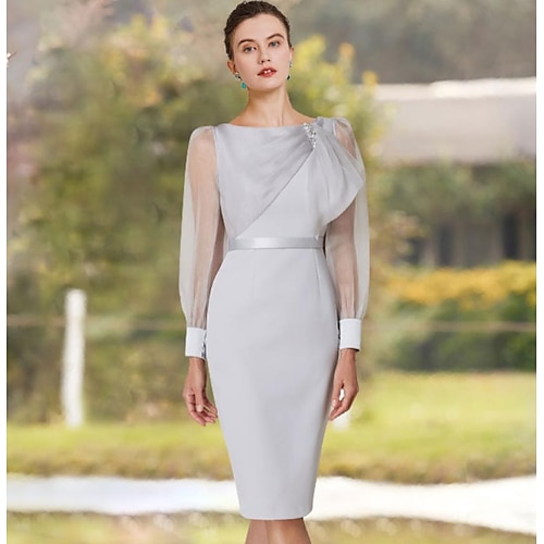 

Sheath / Column Mother of the Bride Dress Elegant Jewel Neck Knee Length Organza Stretch Chiffon Long Sleeve with Beading 2022