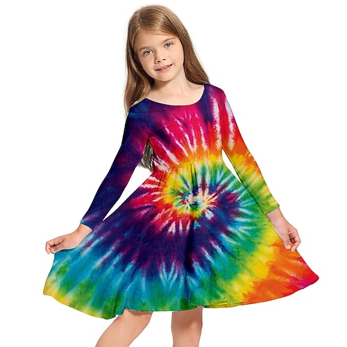 

Infantil Para Meninas Vestido Tintura Tie Dye Vestido Swing Acima do Joelho Vestido Diário Imprimir Manga Longa Estilo bonito Vestido 3-10 anos Outono Arco-íris