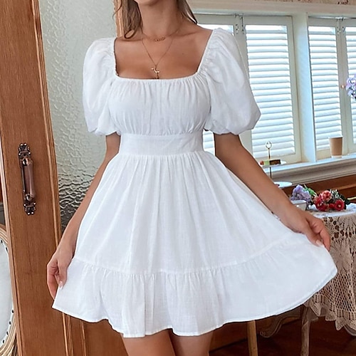 

Women's Casual Dress Swing Dress Mini Dress Black Yellow White Short Sleeve Pure Color Ruffle Spring Summer Square Neck Weekend 2022 S M L XL