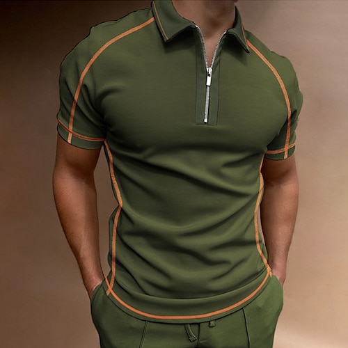 

Men's Collar Polo Shirt Golf Shirt Quarter Zip Polo Linear Turndown Dark Green Street Casual Short Sleeve Zipper Clothing Apparel Fashion Casual Comfortable / Beach