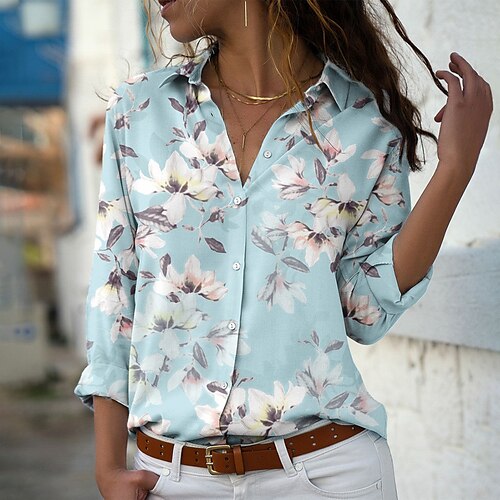 

Women's Blouse Shirt Green Blue Pink Floral Button Print Long Sleeve Holiday Weekend Streetwear Casual Shirt Collar Regular Floral S