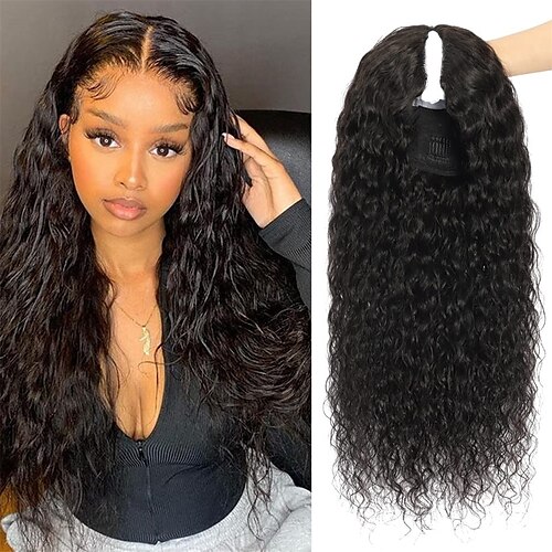 

Human Hair Wig Long Water Wave Middle Part Natural Black Easy to Carry Women Easy dressing Machine Made Brazilian Hair Women's Natural Black #1B 16 inch 18 inch 20 inch Party / Evening Daily Wear