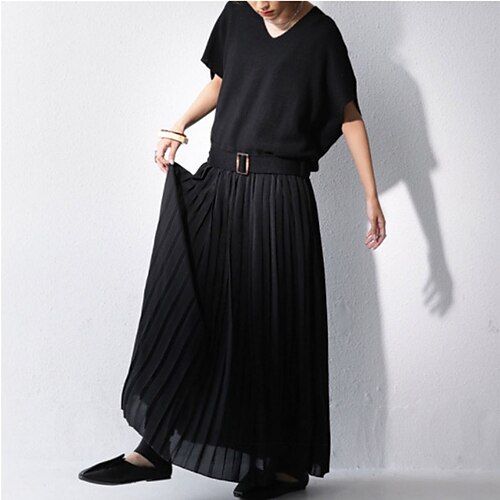 

Women's Shift Dress Maxi long Dress Green Black Short Sleeve Pure Color Pleated Knit Spring Summer V Neck Elegant Casual Classic 2022 One-Size