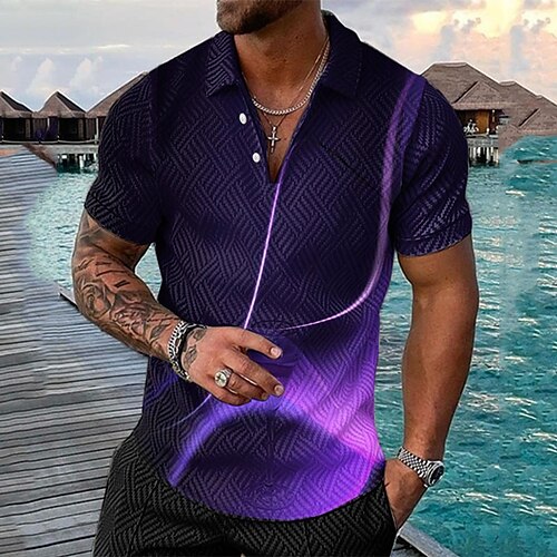 

Men's Collar Polo Shirt Golf Shirt Streamer Turndown Purple 3D Print Street Daily Short Sleeve 3D Button-Down Clothing Apparel Fashion Casual Comfortable / Beach