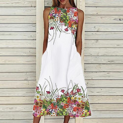 

Women's A Line Dress Midi Dress White Sleeveless Floral Pocket Print Spring Summer Crew Neck Casual Vacation 2022 S M L XL XXL 3XL