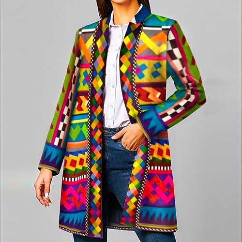 

Women's Casual Jacket Outdoor Daily Going out Fall Winter Long Coat Regular Fit Thermal Warm Streetwear Casual Jacket Long Sleeve Geometric Print Yellow