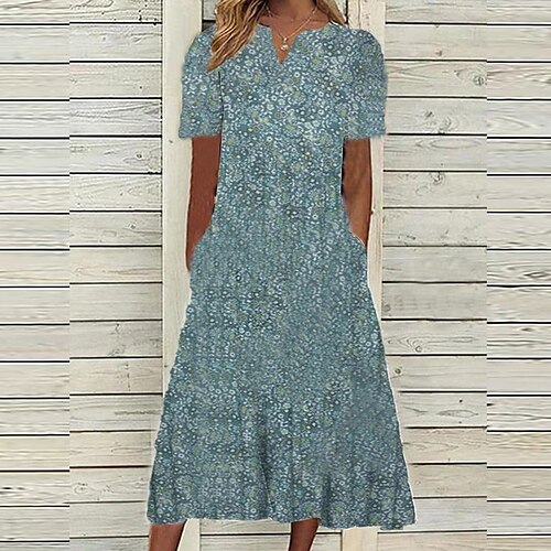 

Mulheres Vestido casual Vestido midi Azul Manga Curta Floral Bolsos Primavera Verão Decote V Férias 2023 S M L XL XXL 3XL
