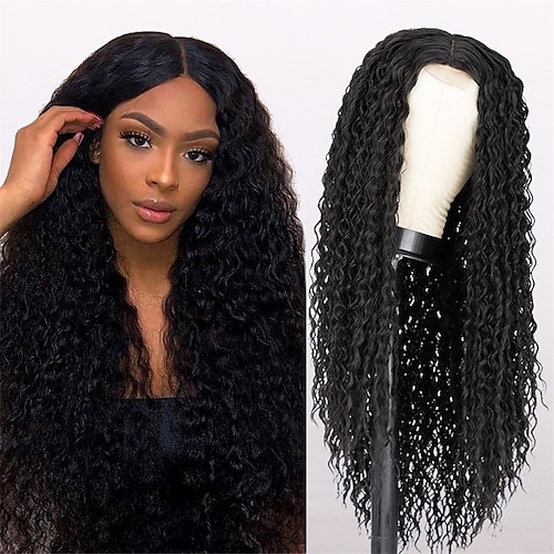 

Günstiger Preis lange Jerry Curl schwarz hitzebeständige Faser Mittelteil natürlicher Haaransatz für schwarze Frauen Kunsthaarperücken