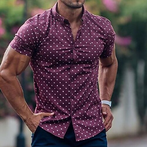 

Men's Designer Shirt Polka Dot Turndown Fuchsia Street Casual Short Sleeve Button-Down Clothing Apparel Fashion Casual Comfortable / Beach