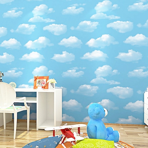 

Blue Sky Simple Children's Room Bedroom Living Room Background Wallpaper Blue Sky White Cloud Ceiling Roof Wallpaper