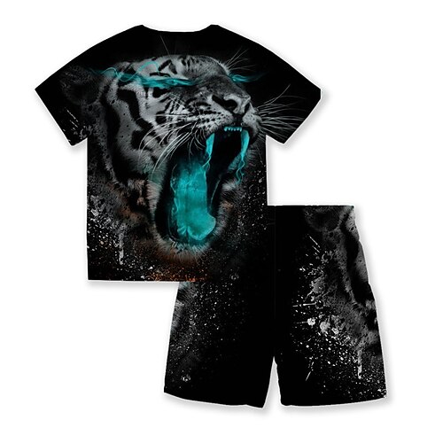 

2 Stück kinderkleidung Jungen T-Shirt Shorts Kleidungsset Outfit Tier Tiger Kurzarm Rundhalsausschnitt Set Outdoor Sport Modisch Cool Sommer Frühling 3-13 Jahre Schwarz