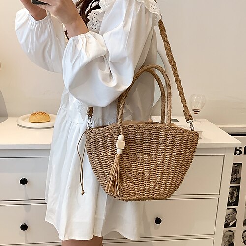 

Women's Sling Bags Top Handle Bag Straw Bag Shoulder Bag Straw Zipper Solid Color Daily Outdoor Khaki Beige