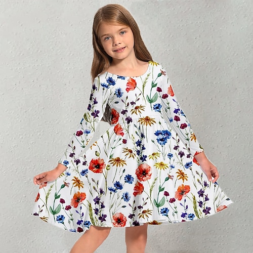 

Kids Little Girls' Dress Floral A Line Dress Daily Holiday Vacation Print White Above Knee Long Sleeve Casual Cute Sweet Dresses Fall Spring Regular Fit 3-10 Years