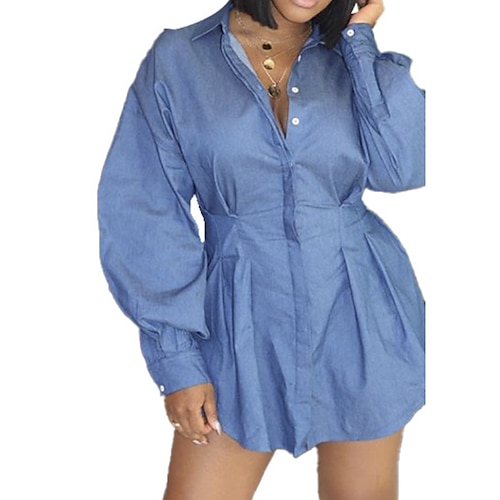 

Women's Shirt Dress Blue Long Sleeve Pure Color Ruched Winter Fall Autumn Shirt Collar Weekend 2022 S M L XL